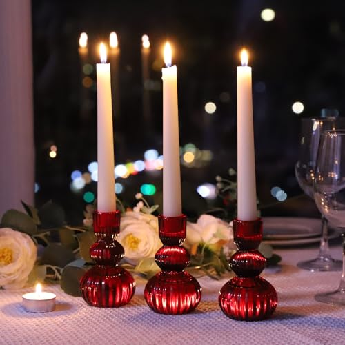 Woho Red Candlestick Holders Set of 3 for Christmas Decorations, 4.3" H Vintage Ribbed Taper Candle Holders for Dining Table, Glass Candle Sticks Holder Decor for Valentines Day/Patriotic Holidays - color: Red