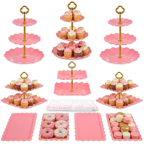 Pack of 10 NWK Cake Stand Set, with 3 x Two-Tier and 3 x Three-Tier Cupcake Stands, 4 x Appetizer Trays, 1 x Tablecloth for Birthday Bridal Baby Shower Party (Pink) - color: Pink