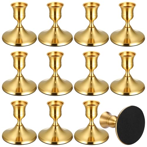12PCS Brass Gold Taper Candle Holders Set, Vintage Metal Candlestick Holders for Table Centerpiece, Wedding Reception, Festive Christmas Mantel Decoration or Home Decor - color: Gold - 12 Pcs