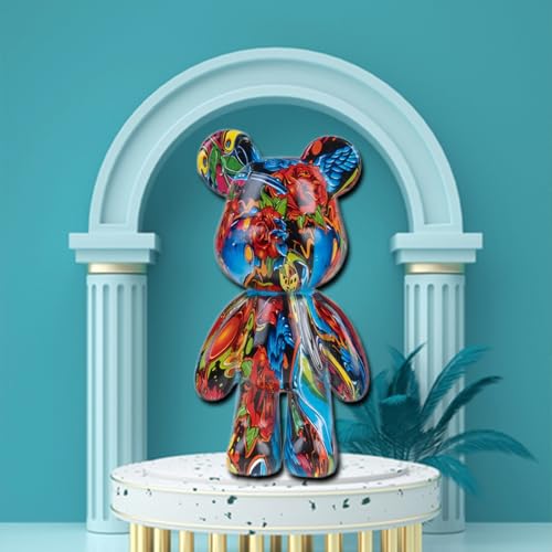 Bear Statue Resin Graffiti Animal Sculpture for Home, Office Decor, Abstract Design for Birthday, Anniversary and Gift Present (Flower Pattern) - color: Flower Pattern