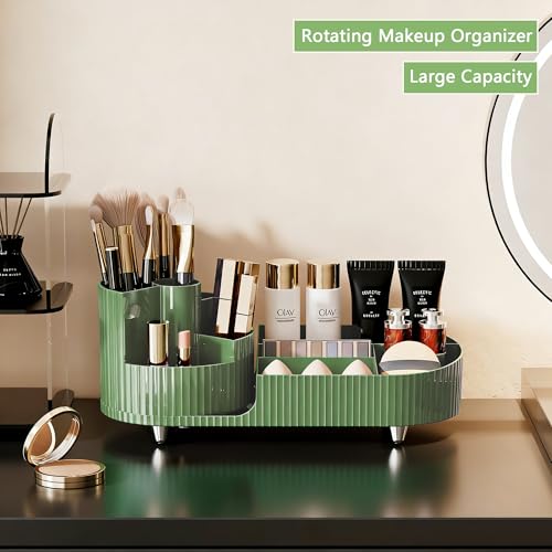 Rotating Makeup Organizer for Vanity with Brush Holder, Cosmetic Makeup Storage Organizer, Large Spinning Makeup Skincare Organizer, Countertop Makeup Perfume Organizer, Lotions Display Case Green - color: Green