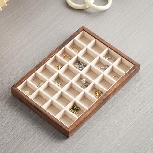 28-Grid Black Walnut Wooden Jewelry Tray with Velvet Lining, Premium Jewelry Display Tray for Earrings and Rings, Drawer Organizer Display Tray for Women's Jewelry Collection - color: 28 grid