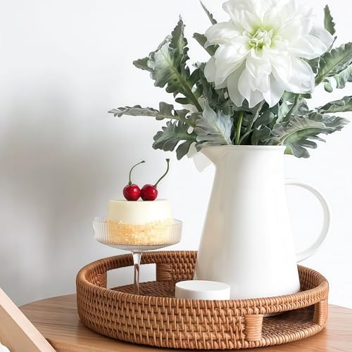 14" Round Rattan Tray, Hand Woven Serving Tray with Handles, Wicker Serving Basket, Decorative Tray for Home Decor, Natural - color: Natural, size: 14"