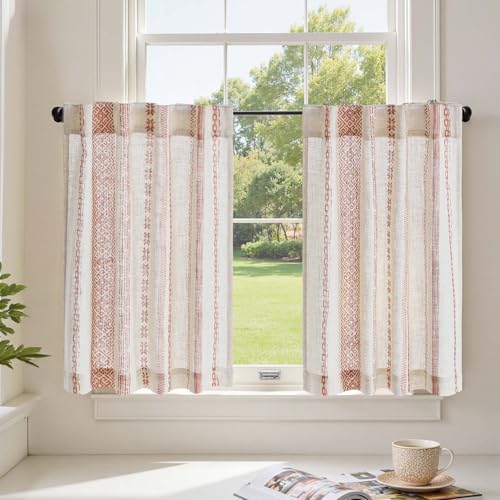 jinchan Liora Boho Kitchen Curtains 24 Inches Linen Tier Curtains with Geometric Pattern Bohemian Cafe Small Light Filtering Window Treatment for Living Room RV Back Tab 2 Panels Terracotta on Linen - color: Liora | Terracotta on Linen, size: 26"W x 24"L