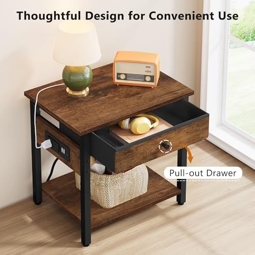 Gewudraw Printer Stand with Charging Station, 2-Tier Under Desk Printer Table, Side Table with Storage Shelves for Home Office, Living Room, Bedroom, Bathroom, Brown - color: Rustic Brown, size: 2 layer & CS