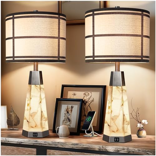 KIVDITZO 27" Alabaster Table Lamps for Living Room, Bedroom Lamps Set of 2 with Night Light, Living Room Lamps with USB A+C Ports, Table Lamp with Linen Shade for Bedside (Bulbs Included) - color: Bronze