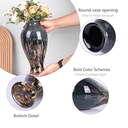 Hand Blown Glass Vase 11.8" Tall Beautiful Amber Blue Sea Wide Mouth Bud Vase for Table Centerpiece, Painted Colorful Murano Glass Flower Vases for - Home Entrance Wedding Center - color: Smoke