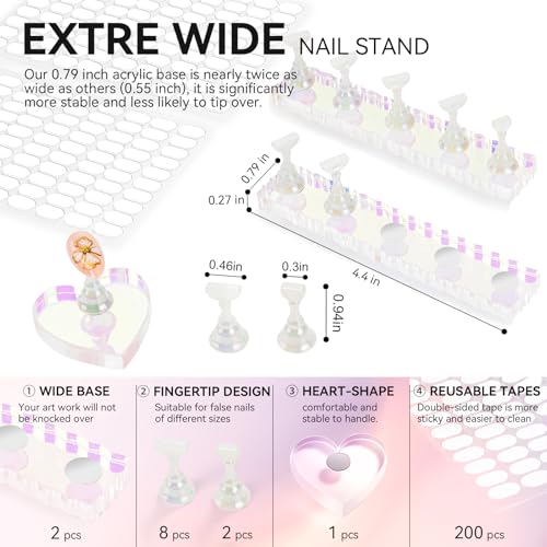 Nail Stand For Press On Acrylic Strong Magnetic Nail Holder Kit For Painting Nails Tip Arts Display With 200PCS Double-Sided Tape And 1 Heart Shaped Acrylic Magnetic Presson Stand (Aurora And White, Medium) - color: Aurora And White, size: Medium
