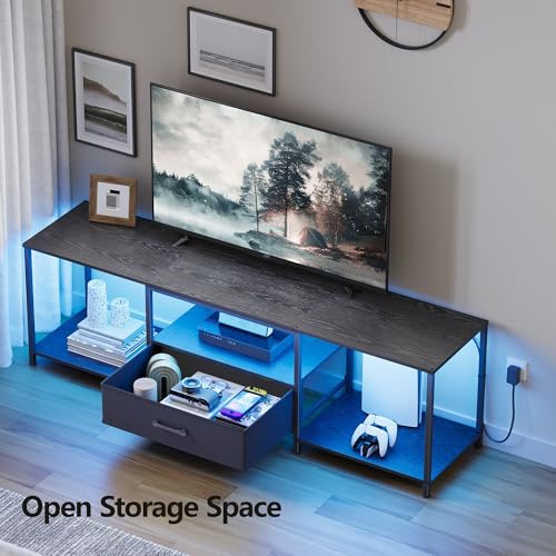 JARHETUN TV Stand with LED Lights, Entertainment Center with Open Shelves and Fabric Drawer, Media Console for 80 Inch TV, Television Stands for Living Room, Bedroom, Black - color: Black With Led Light, size: 70.9 Inches