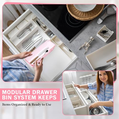 Maitys 12 Pcs Clear Drawer Organizer 9 x 3 x 2 Inches Plastic Rectangle Trays Makeup Vanity Storage Bins and Kitchen Drawers Dividers for Office Desk Silverware Kitchen Utensils(Pink) - color: Pink, size: 9 x 3 x 2 Inches