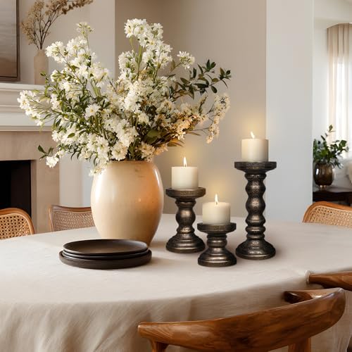 Candle Holder for Pillar Candle Set of 3, Farmhouse Wood Candle Holder, Rustic Wooden Candle Stand, Vintage Tall Candle Stand Decorative for Living Room, Table Centerpiece, Black Gold - color: Black Gold
