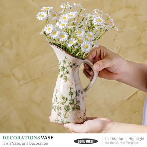 SURE YUESI 7.3” Green Handcrafted Ceramic Pitcher Vase, Vintage Pastoral Floral Vase, Farmhouse Chinoiserie Tuscan Cottage Core Rustic Table Centerpiece - color: 14-green and Beige