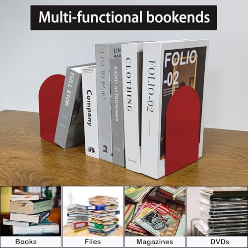 MerryNine Metal Book Ends, 4 Pack Red Bookends for Shelves, Book Holder for Heavy Books, Book End for Kids Books, Decoration Bookend for Home Office - color: Red