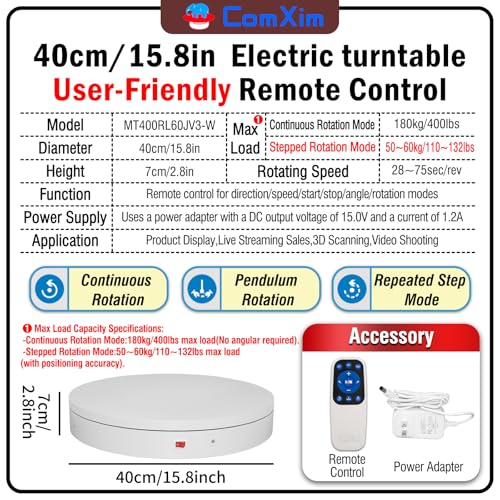 15.8In Remote Motorized Electric Turntable Rotating Display Stand Rotating Platform Photography Turntable motorized lazy susan base giratoria para for Photography,3D Scanner,(Load Range:132~400lbs) - size: 15.8inch/White/400Lbs Load