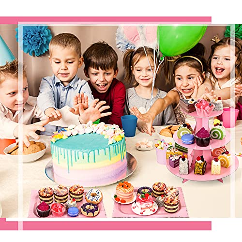Zopeal 7 Pcs Dessert Table Display Set 3-Tier Cupcake Stand 1-Tier Cup Cake Display Tower Platters and Serving Trays Cardboard Cake Cookie Holders for Wedding Birthday Party Baby Shower(Pink) - color: Pink