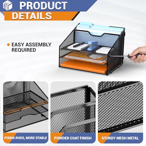 GAWERK Letter Tray Organizer, Mesh Desk File Organizer with 3 Paper Trays and 2 Vertical Upright Section (White) - color: White