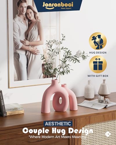 Hug Donut Decorative Vase Set - Light Pink Modern Glam Eclectic Style Vases Home Decor, Matte Ceramic Decorations for Living Room Shelf, Bookshelf Mantle Entryway Table or Console Décor(Pink) - color: Pink