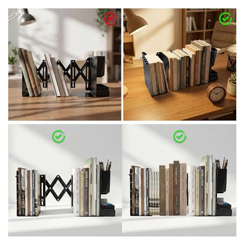 2 PCS Adjustable Bookends,19" Metal Book Ends for Heavy Books with Removable Pen Holder, Tray, and 4 Hook-up, Book Shelf Holder for Office, School, Bookstore, cookbooks