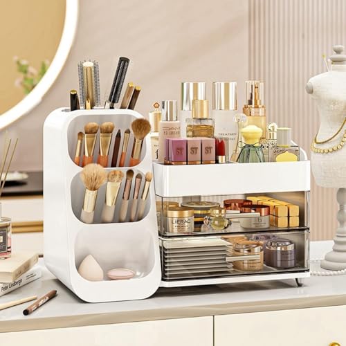 Booklov Makeup Organizer for Vanity, Large Capacity Cosmetic Display Case with Clear Acrylic Drawer, Countertop Beauty Storage Holder for Skincare, Brush Eyeshadow Lipstick Counter Desk, Crystal White - color: Crystal White, size: L01