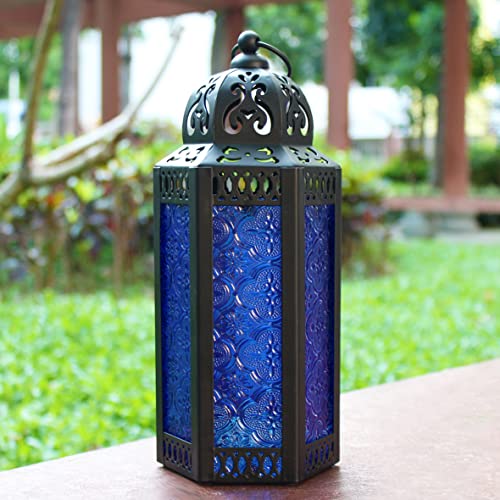CVHOMEDECO. Decorative Candle Lantern Moroccan Lanterns Vintage Black Metal Lantern Holder for Home Patio Outdoor Decor. Cobalt Glass, Medium - color: Cobalt