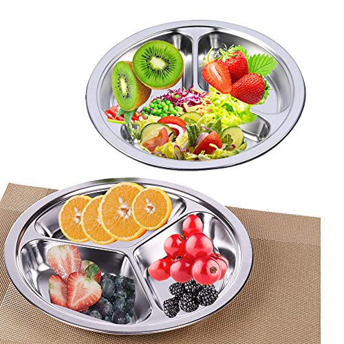 Stainless Steel Divided Plates 2 Pack 9.5 Inch Portion Control Plate 3 Sections Mess Trays for Adults Bariatric Weight Loss & Diabetic Diet, Reusable Camping Food Tray Unbreakable Lunch Plates - size: 9.5 Inch (3 Sections)