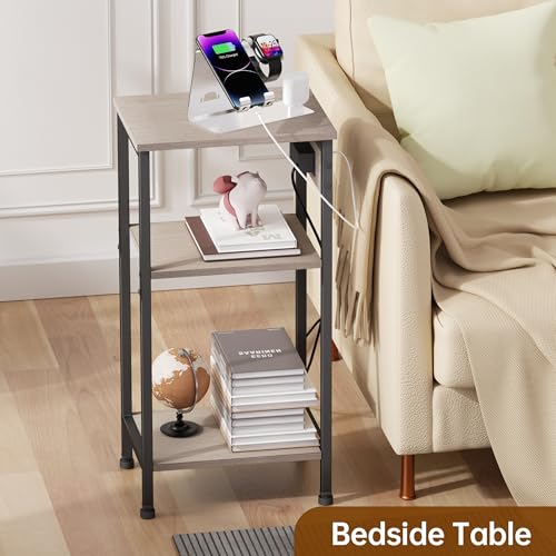 Asgolion Tall End Table with Charging Station, 3 Tier Narrow Beside Table with Adjustable Shelf, Tall Side Table Nightstand for Bedroom, Living Room Coffe Table, Office, Greige - color: Greige, style: With Outlet