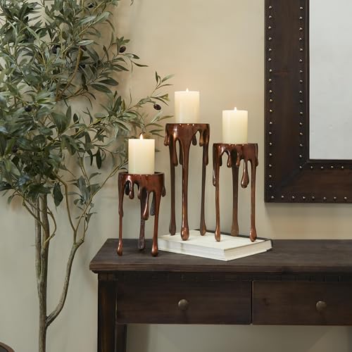 Deco 79 Aluminum Pillar Candle Holder with Dripping Melting Designed Legs, Set of 3 13",10",9"H, Copper
