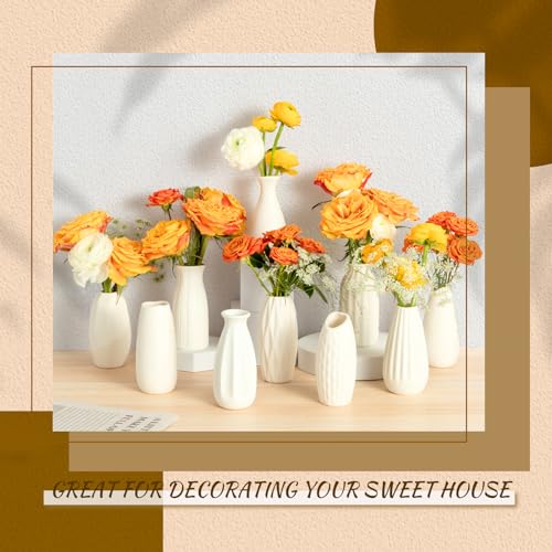 Small White Ceramic Vase Set of 10 - Mini Bud Vases for Flowers and Pampas Grass, Boho Centerpieces for Home and Party Decor, White Vases Home Decor, Ceramic Vase Set for Weddings - color: White-10pcs