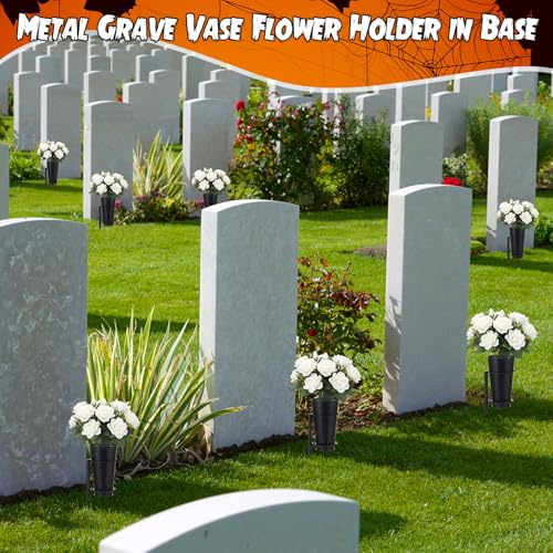 2 Sets Metal Cemetery Flower Vase with Stake for Grave, Flower Holder in Base Graveyard Vase with Floral Foam for Grave Decoration, Black