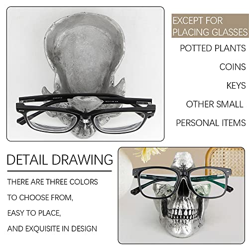 Mrlikale Skull Glasses Stand, Creative Eyeglasses Display Rack, Sunglasses Spectacle Holder, Key Holder Resin Sculptures for Entryway, Home, Office, Desk, Nightstand (Silver) - color: Silver
