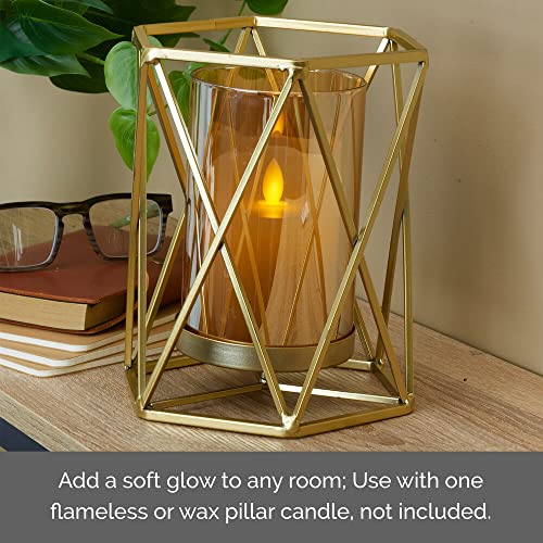 Elements 6.89x5.91x8.07 Inch Metal Gold Wire Hexagonal Candle Holder, Amber Glass Cylinder, for Use with Pillar Holder, Modern, Contemporary