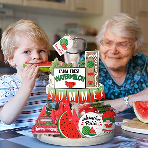 13 Pcs Summer Watermelon Tiered Tray Decor Set Farmhouse Wood Summer Wood Sign Hawaii Tiered Tray Decorations Tabletop Rustic Wooden Red Gnome Table Signs for Home Kitchen Table Decoration - style: Watermelon