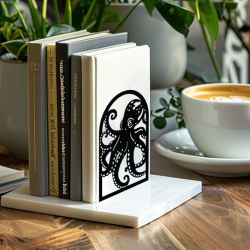 Peacoblue Metal Bookends for Shelves, Modern Decorative Heavy Duty Study Book Support Stoppers for Office, Desk, Shelf, Room 5.3"x4.3"x7.9" Cast Iron Simple Tall Bookends, 1 Pair (Octopus) - style: Octopus