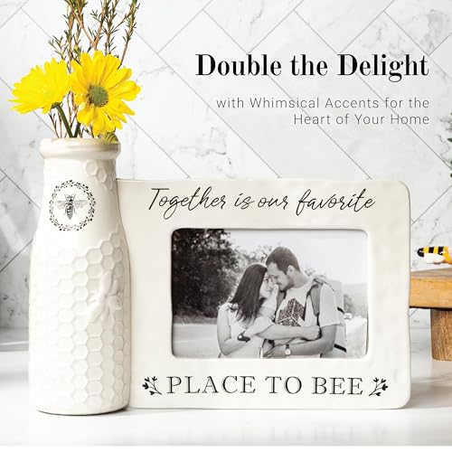 youngs Inc Ceramic Bee Vase w/Photo Frame, White, Black, 11.25" Length x 3.00" Width x 8.00" Height - color: Vase Photo Frame