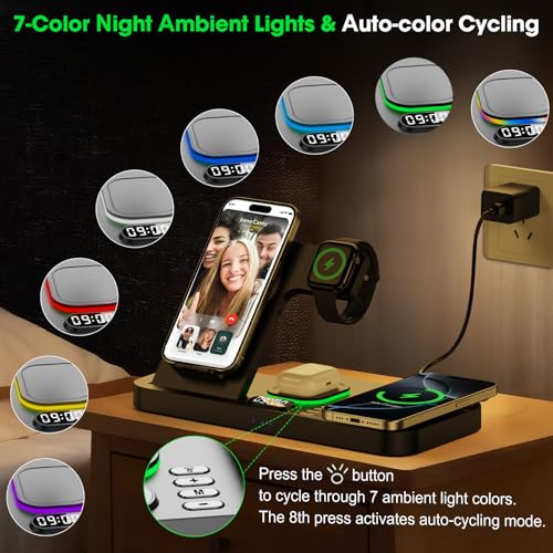 Dual Phone Wireless Charging Station for Apple Devices, Magnetic Charging Station for iPhone with Auto Switch 7-Color Light&Clock, Family Watch Charger for iPhone17 for iWatch11 for AirPods Pro3(Black - color: Black