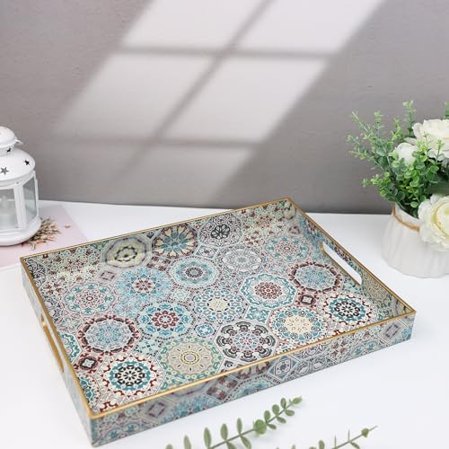 Spsyrine Decorative Serving Tray with Handles, Lacquered Coffee Table Tray for Ottoman, Rectangular Waterproof Platters for Centerpieces, Parties, Living Room, Kitchen Counter Organization SP3040RE2 - color: Sp3040re2, size: 16" x 12" x 1.6"