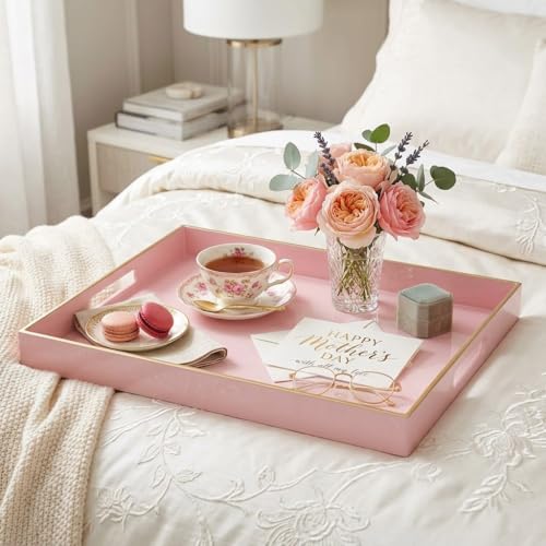 15.8" x 11.8" Pink Decorative Serving Tray with Gold Trim and Handles, Sturdy Rectangular Ottoman Tray for Living Room, Coffee Table, Kitchen Counter, Bathroom Vanity, Easy to Clean - color: Pink Gold Trim