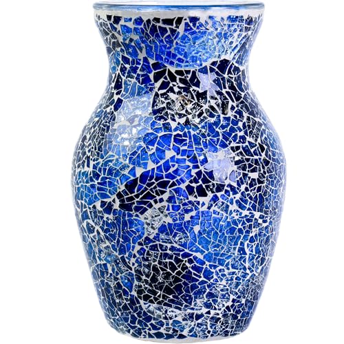 8" Deep Blue Mosaic Vase, Klein Blue Glass Flower Vase with Silver Wave Crest Design, Hand-Pasted Ocean Art Centerpiece for Modern Home, Living Room & Office - color: Blue