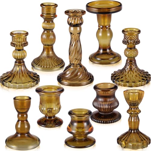 Mumufy 10 Pcs Glass Crystal Taper Candle Holders Clear Glass Candlestick Holder Fit 0.8 Inch Candles Crystal Decorative Candle Stand Centerpiece Table Wedding Dining Party (Classic,Brown) - color: Brown