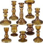 Mumufy 10 Pcs Glass Crystal Taper Candle Holders Clear Glass Candlestick Holder Fit 0.8 Inch Candles Crystal Decorative Candle Stand Centerpiece Table Wedding Dining Party (Classic,Brown) - color: Brown