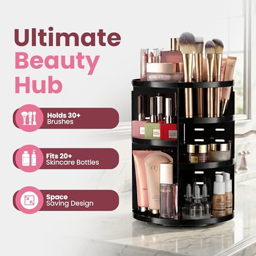 360 Rotating Makeup Organizer - Adjustable Shelf Height and Fully Rotatable. The Perfect Cosmetic Organizer for Bedroom Dresser or Vanity Countertop. (Black) - color: Black