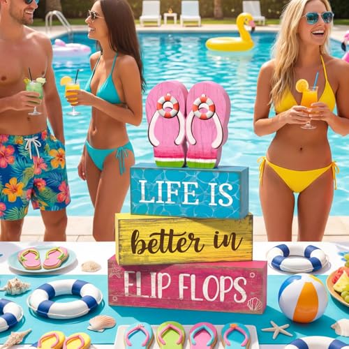 Yuntau 4 Pcs Summer Decorations for Office Hawaii Table Decorations Wooden Sign Flip Flops Table Centerpiece Summer Tiered Tray Decor Decorative Faux Book Stack Block for Coffee Mantel Floating Shelf - style: Pink Flip Flops