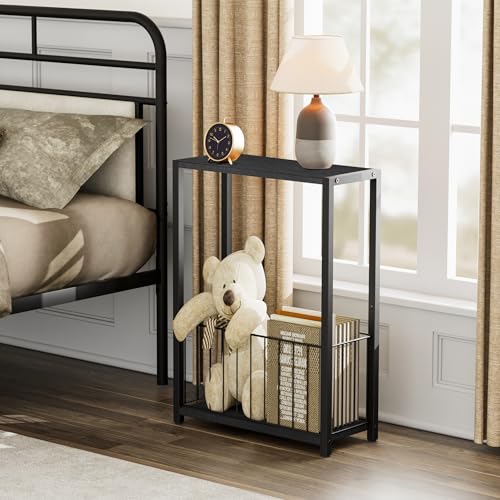 Homleke Narrow Side Table with Magazine Holder, Skinny End Table Perfect for Small Spaces, Space-Saving Design for Living Room, Bedroom, or Office, 7.1" D x 16.9" W x 23.6" H, Black - color: Black - Standard