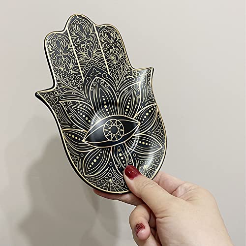 Ceramic Hamsa Hand Incense Holder - 2 in 1 Brass Incense Holder for Sticks and Coil Incense- Zen Decor with Hand of Fatima Design Protection from Evil - 6.2" L X 4.5" W (Black) - color: Black