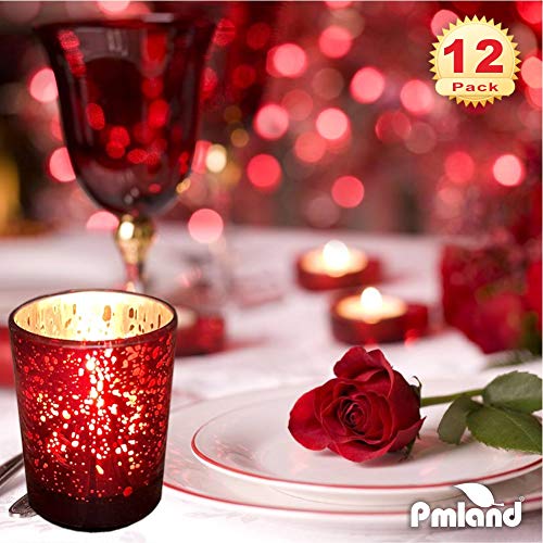 PMLAND Speckled Mercury Glass Votive Candle Tealight Holders - Bulk Pack of 12 Red - color: Red