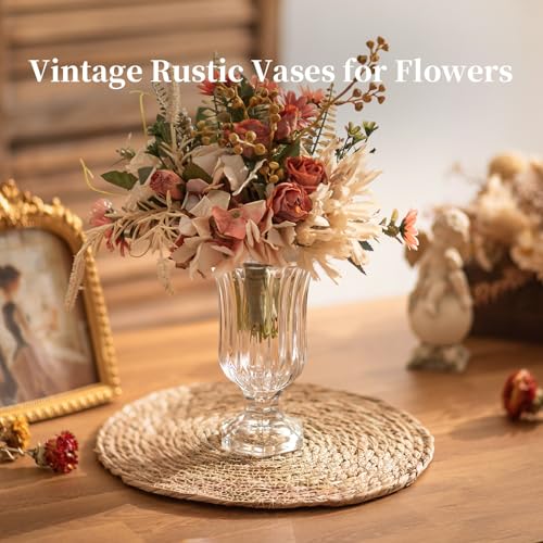 Glasseam Pedestal Glass Vase for Flowers, 7.5in Tall Compote Vase Set of 3, Crystal Clear Vases for Centerpieces, Ribbed Decorative Vases for Home Decor, Cute Footed Urn for Living Room Decorations - size: Large