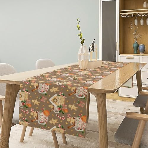 Christmas Gingerbread Table Runner Dessert Fruit Coffee Funny Gingerbread Cookie Table Runners for Kitchen Dining Table Home Party Decor 13x36in - color: Brown-beige, size: 13x36in