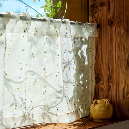 jinchan Semi Sheer Kitchen Curtains for Window 24 Inch Mini Pom-Pom Voile Tier Curtains Light Filtering Small Drapes for Bedroom Living Room Rod Pocket 2 Panels Sunlit Grove - color: Dottie Sunlit Grove, size: 26"W x 24"L (Pack of 2)