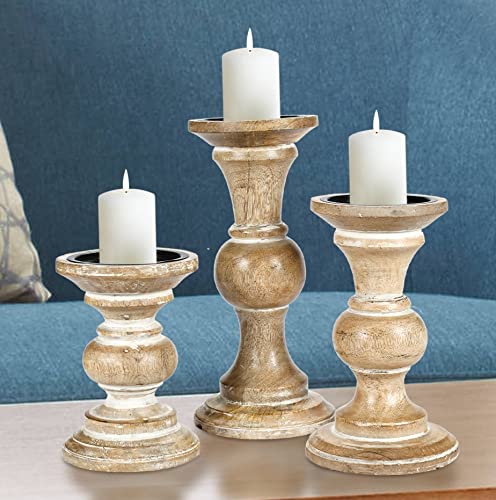 Candle Stands Wooden for Pillar Candles,Rounded Turned Colums, Sustainable Woods, Country Style, Ideal for Reiki, Aromatherapy, Votive Candle Gardens Home décor - 10,8,6 Inch Set of 3 - White Wash - color: White Wash, size: 10,8,6 Inch Set of 3 - Mid Rib