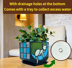 Tiffany Stained Glass Funny Moon Sleeping Cat Planter,Flower Pots for Indoor Plants,Plant Pot with Drainage,Cute Grey Cat Plant Pots,Gifts for Plant Lovers,4.6x3x5.15 in - color: Grey-blue